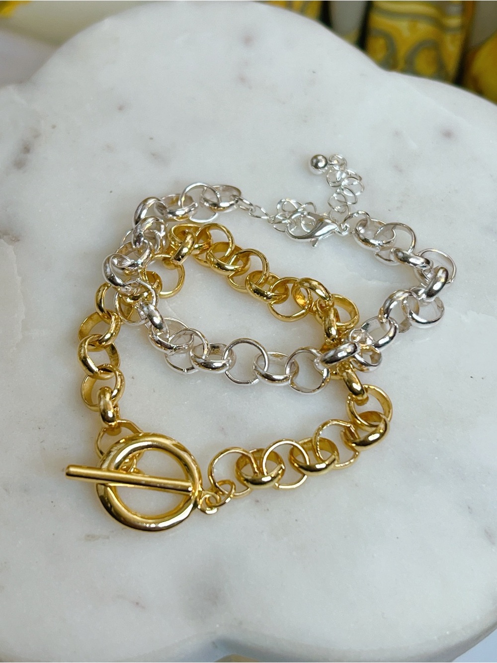 Two tone 18k white yellow gold bracelet set of 2 toggle and adjustable